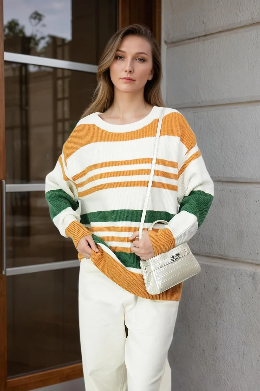 Women's Luxurious Striped Sweater Cozy-Chic Off Shoulder Pullover Buttery Soft Knitwear for Date Nights & Coffee Runs