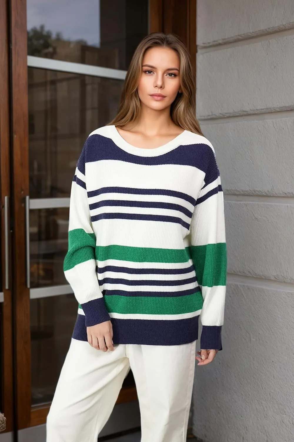 Women's Luxurious Striped Sweater Cozy-Chic Off Shoulder Pullover Buttery Soft Knitwear for Date Nights & Coffee Runs