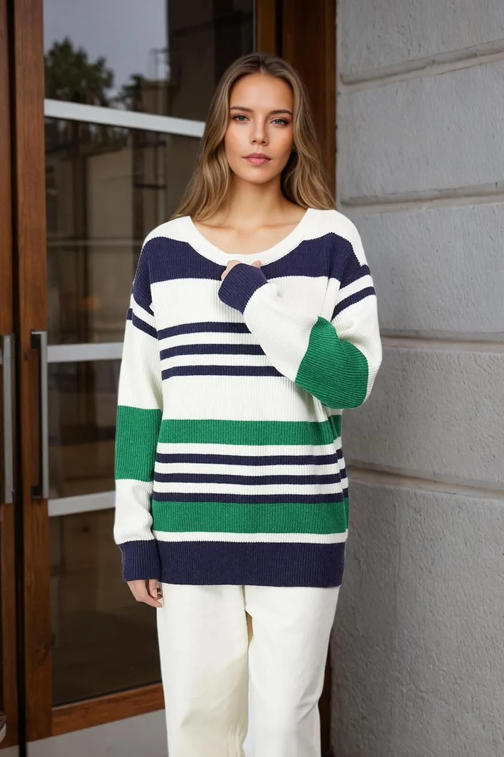 Women's Luxurious Striped Sweater Cozy-Chic Off Shoulder Pullover Buttery Soft Knitwear for Date Nights & Coffee Runs