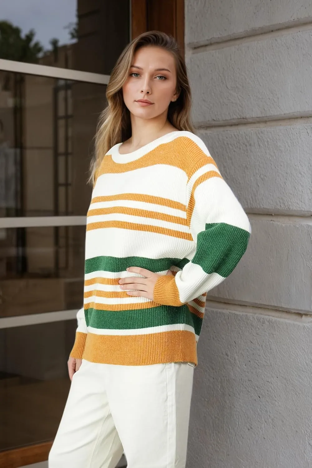 Women's Luxurious Striped Sweater Cozy-Chic Off Shoulder Pullover Buttery Soft Knitwear for Date Nights & Coffee Runs