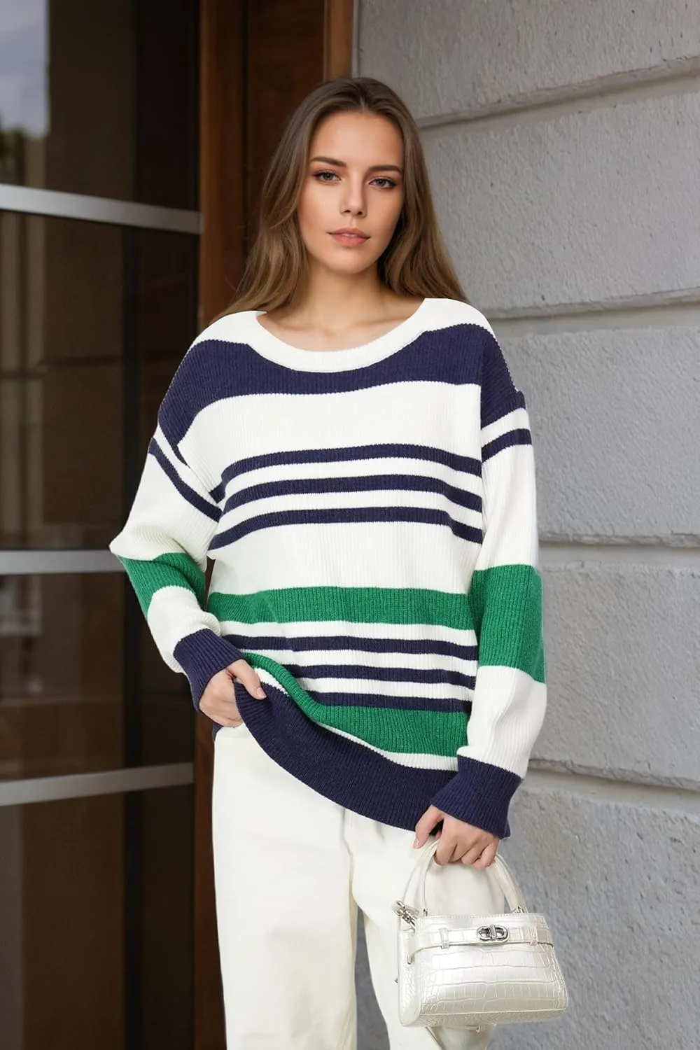 Women's Luxurious Striped Sweater Cozy-Chic Off Shoulder Pullover Buttery Soft Knitwear for Date Nights & Coffee Runs