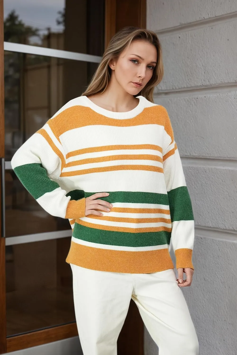 Women's Luxurious Striped Sweater Cozy-Chic Off Shoulder Pullover Buttery Soft Knitwear for Date Nights & Coffee Runs