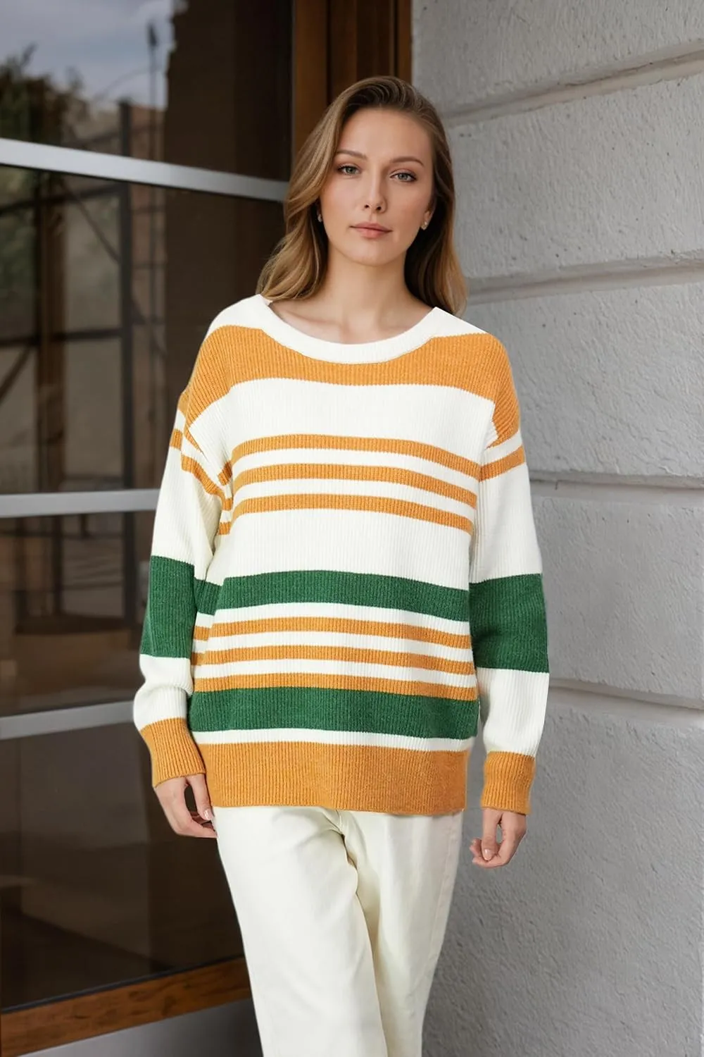 Women's Luxurious Striped Sweater Cozy-Chic Off Shoulder Pullover Buttery Soft Knitwear for Date Nights & Coffee Runs