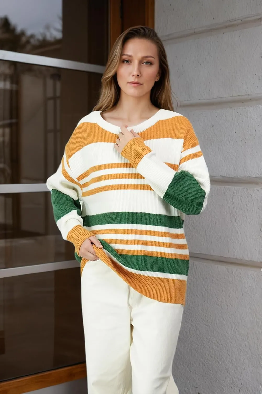 Women's Luxurious Striped Sweater Cozy-Chic Off Shoulder Pullover Buttery Soft Knitwear for Date Nights & Coffee Runs