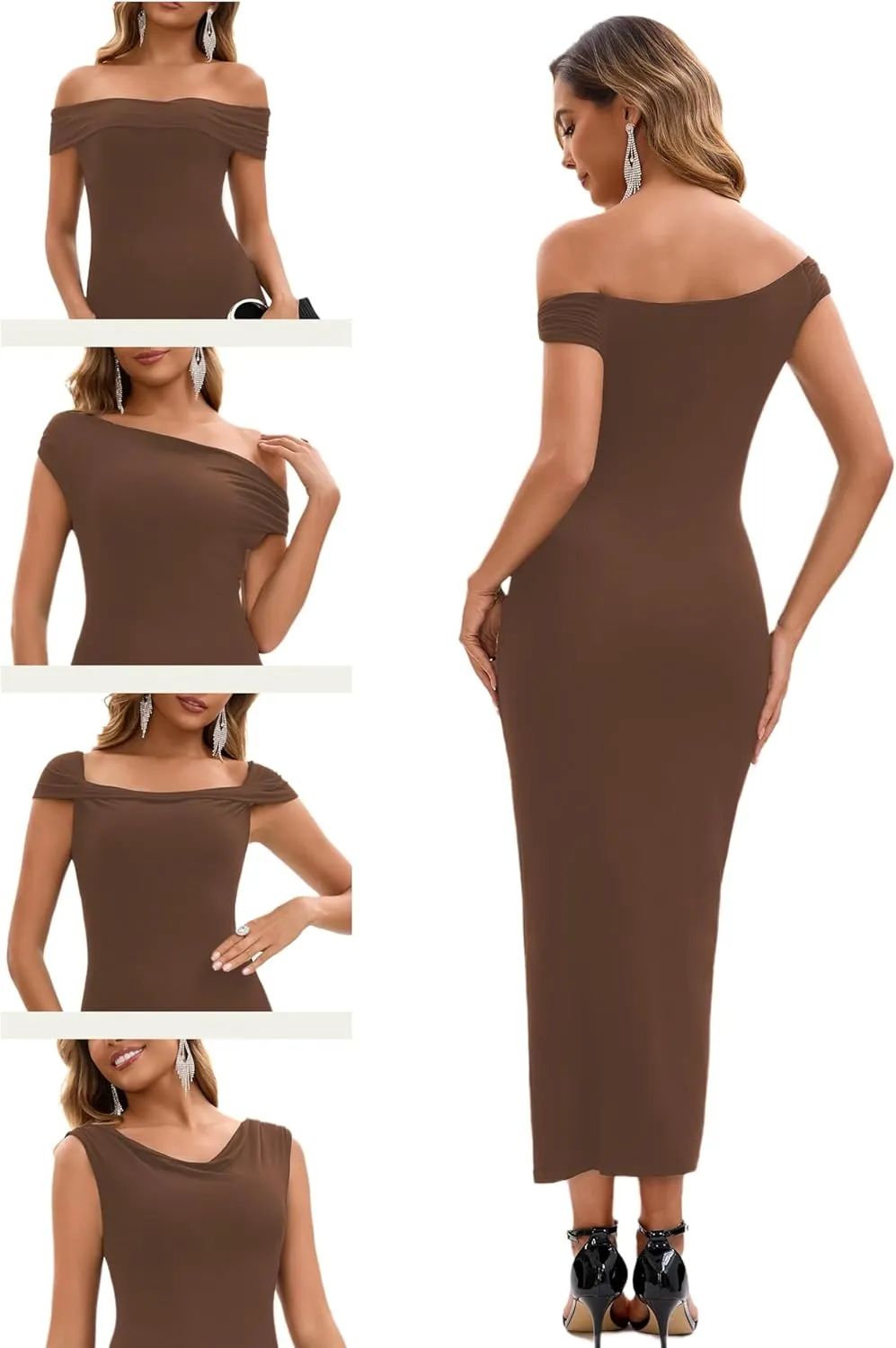 Women's Off The Shoulder Midi Dresses 2025 Summer Formal Elegant Cocktail Party Wedding Guest Slim Fitting Dress