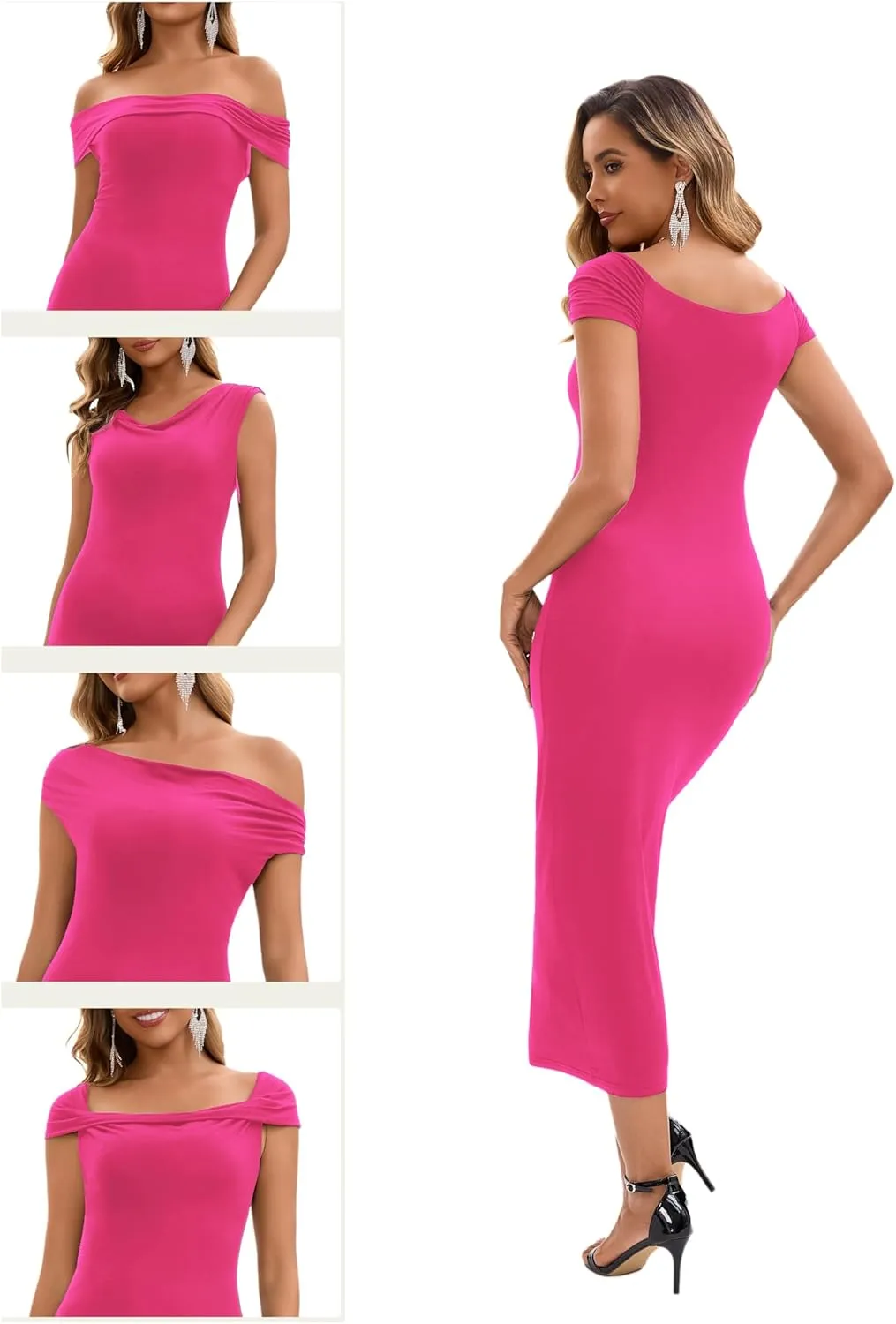 Women's Off The Shoulder Midi Dresses 2025 Summer Formal Elegant Cocktail Party Wedding Guest Slim Fitting Dress