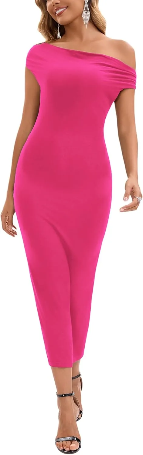 Women's Off The Shoulder Midi Dresses 2025 Summer Formal Elegant Cocktail Party Wedding Guest Slim Fitting Dress