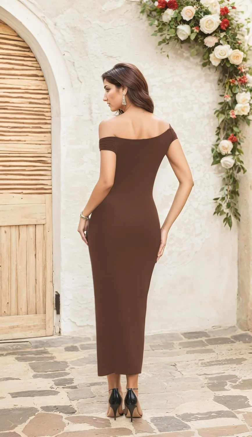 Women's Off The Shoulder Midi Dresses 2025 Summer Formal Elegant Cocktail Party Wedding Guest Slim Fitting Dress