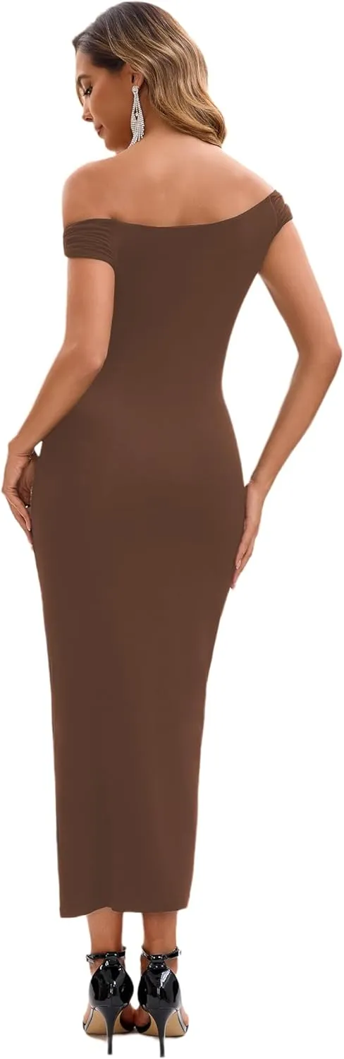 Women's Off The Shoulder Midi Dresses 2025 Summer Formal Elegant Cocktail Party Wedding Guest Slim Fitting Dress