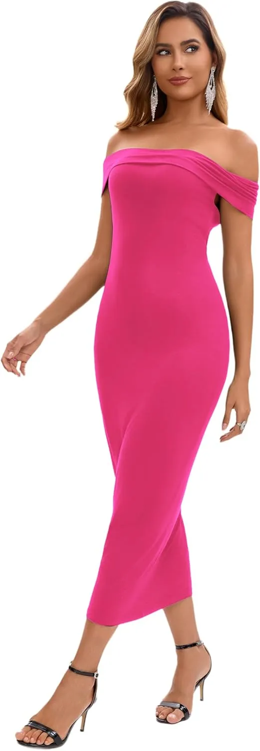 Women's Off The Shoulder Midi Dresses 2025 Summer Formal Elegant Cocktail Party Wedding Guest Slim Fitting Dress