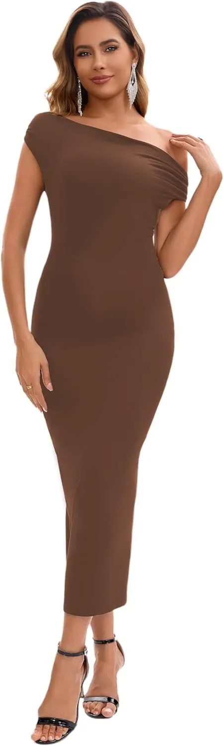 Women's Off The Shoulder Midi Dresses 2025 Summer Formal Elegant Cocktail Party Wedding Guest Slim Fitting Dress